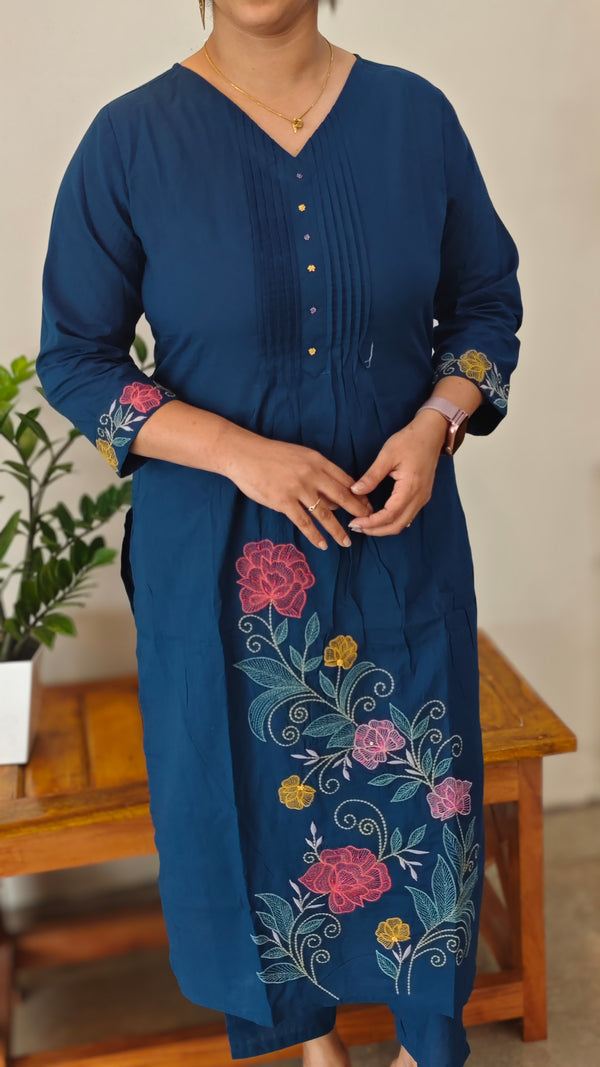 Blue floral embroidered cotton kurti set