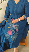 Blue floral embroidered cotton kurti set