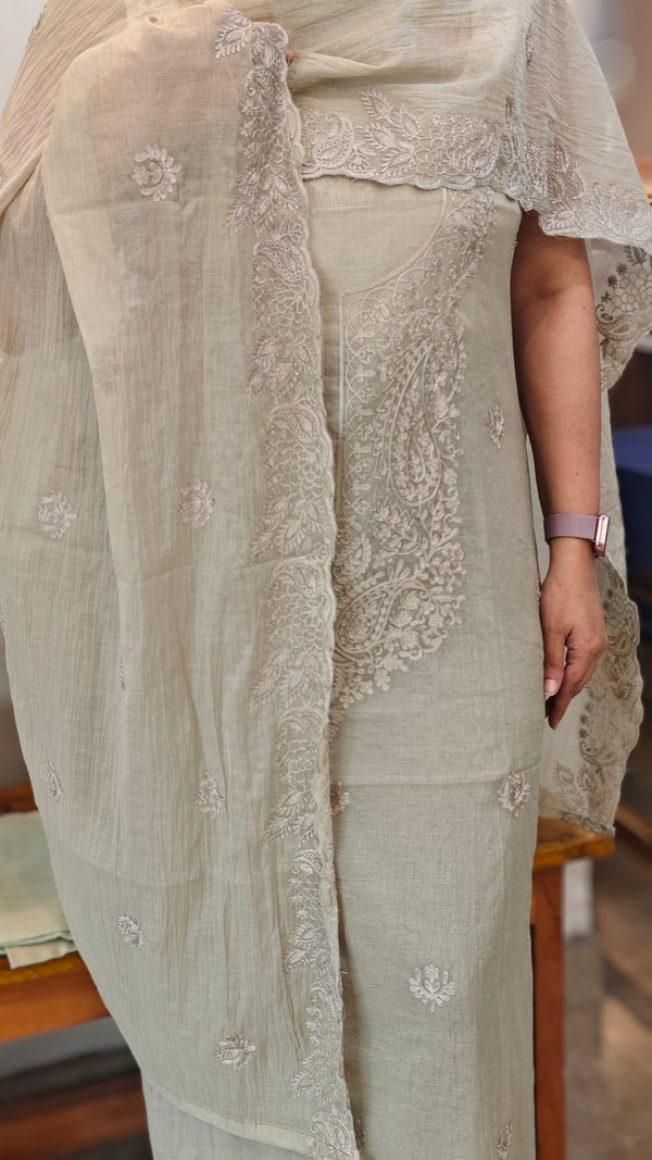 Sage green mul chanderi suit - 8191