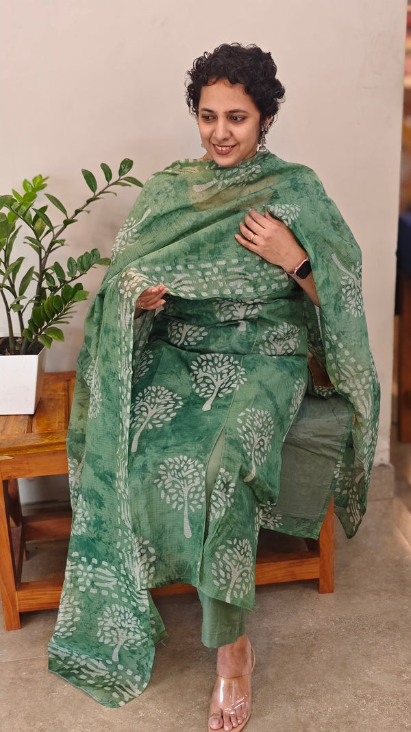 Forest green net kota kurti set - KN05