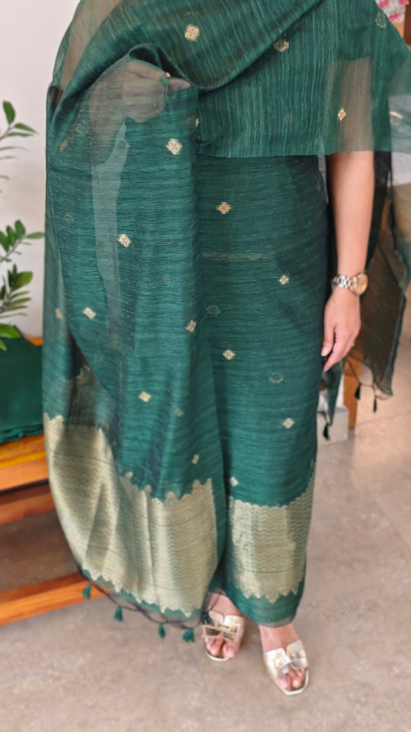 Dark green linen chanderi banarasi suit - 12009
