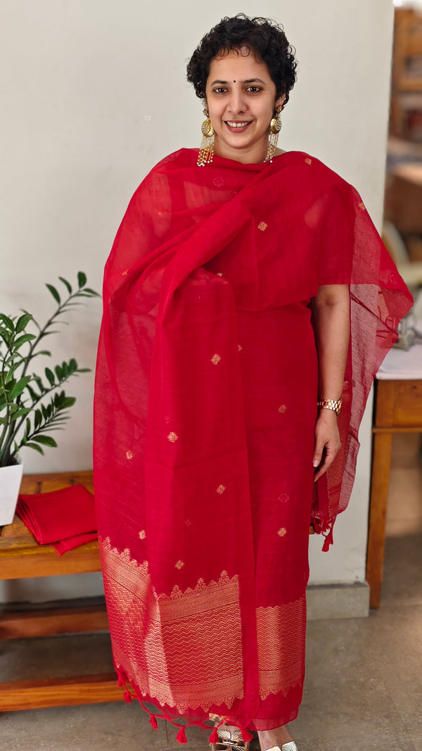 Chilli red chanderi linen banarasi suit - 12009