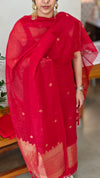 Chilli red chanderi linen banarasi suit - 12009