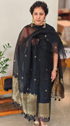 Jet black linen chanderi banarasi suit - 12009