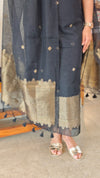 Jet black linen chanderi banarasi suit - 12009
