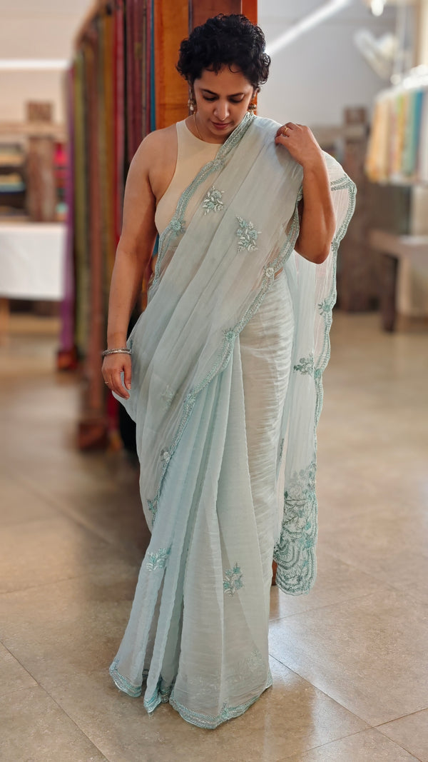 Powder blue crushed organza saree