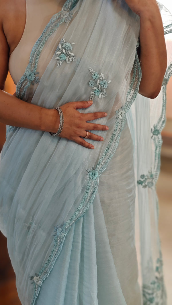 Powder blue crushed organza saree