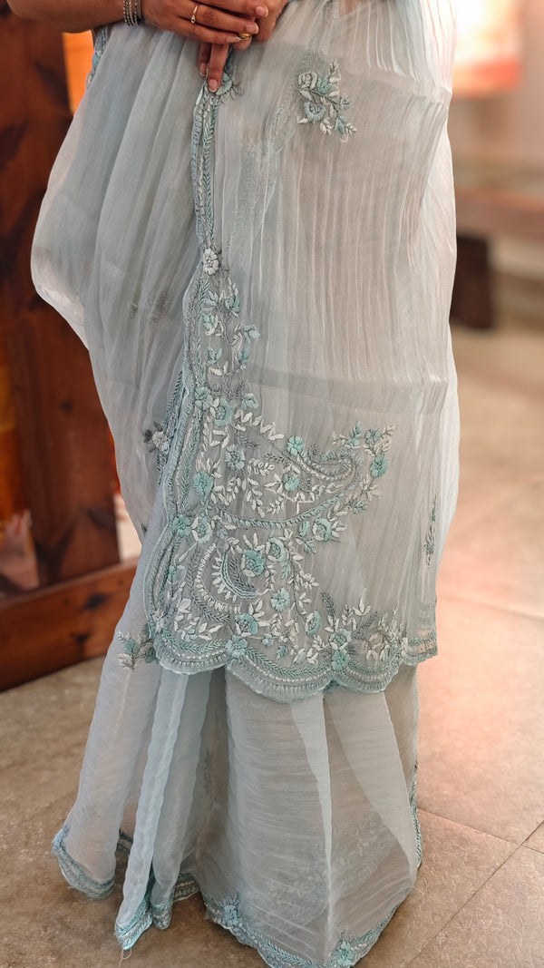 Powder blue crushed organza saree