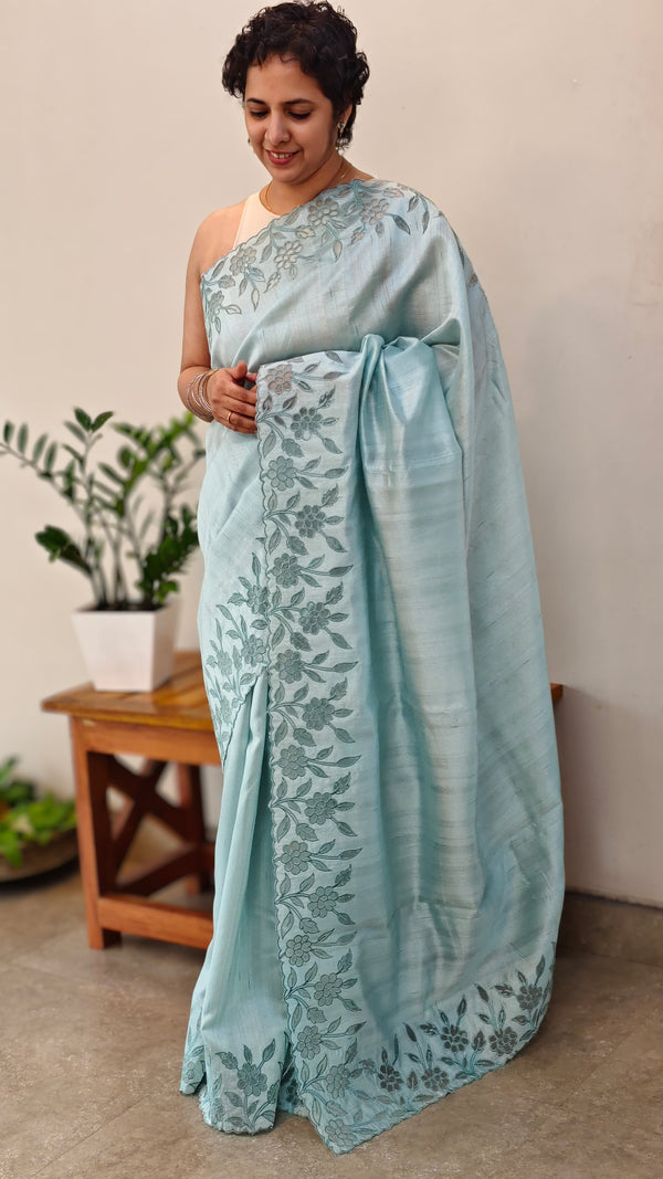 Powder blue semi tussar silk saree with applique and cutwork