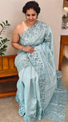 Powder blue semi tussar silk saree with applique and cutwork