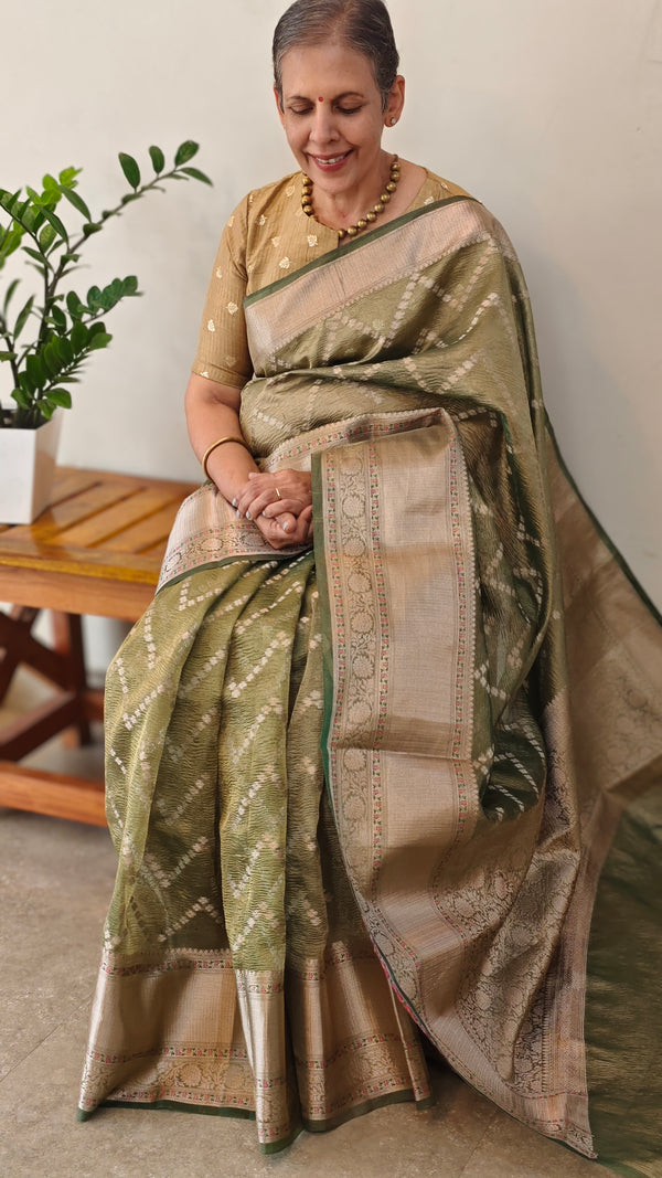 Olive green crushed organza banarasi saree