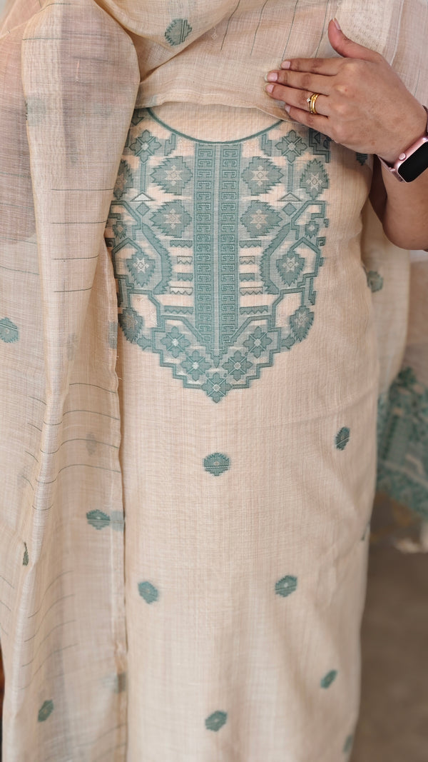 Light beige and teal linen chanderi jamdani suit -4982