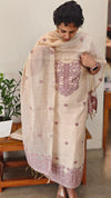 Light beige and lilac linen chanderi jamdani suit - 4982