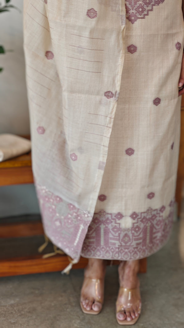 Light beige and lilac linen chanderi jamdani suit - 4982