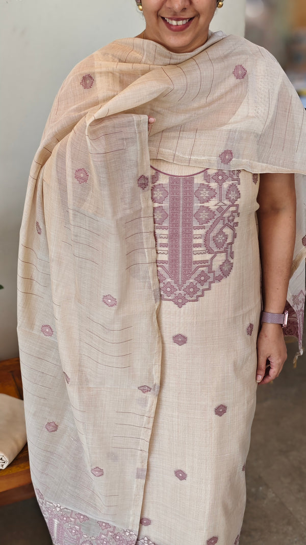Light beige and lilac linen chanderi jamdani suit - 4982