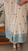 Light beige and blue linen chanderi jamdani suit - 4982