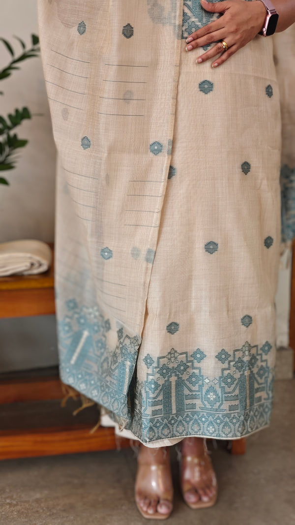 Light beige and blue linen chanderi jamdani suit - 4982