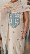 Light beige and blue linen chanderi jamdani suit - 4982