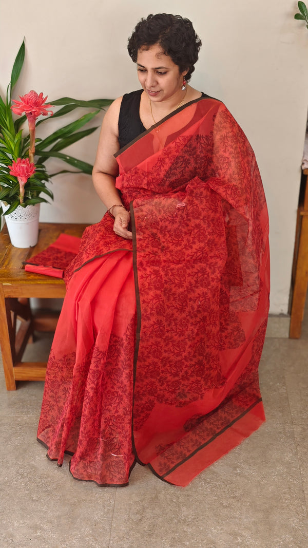 Red block printed net kota saree