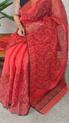 Red block printed net kota saree
