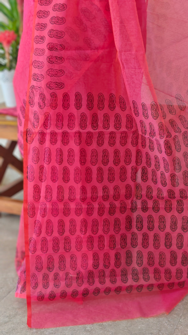 Pinkish red net kota saree