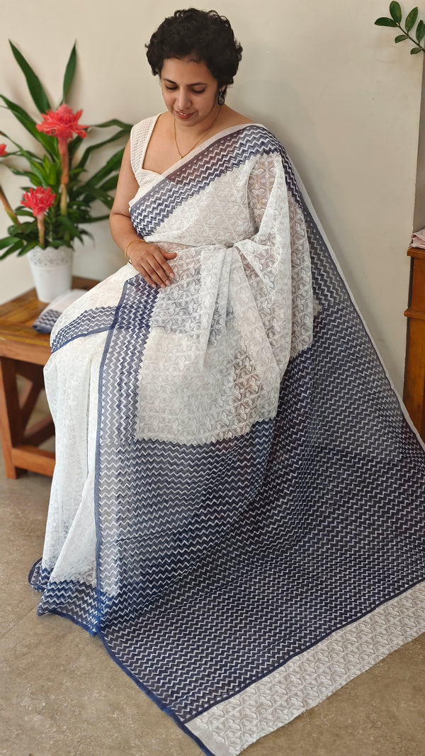 White and blue tepchi kota saree