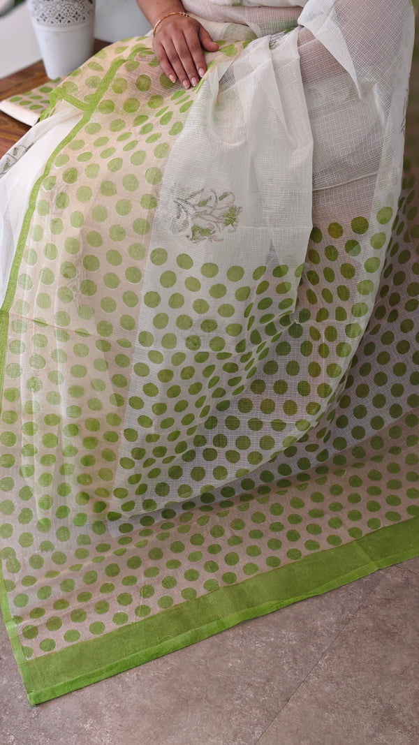 Off white and lime green net kota saree