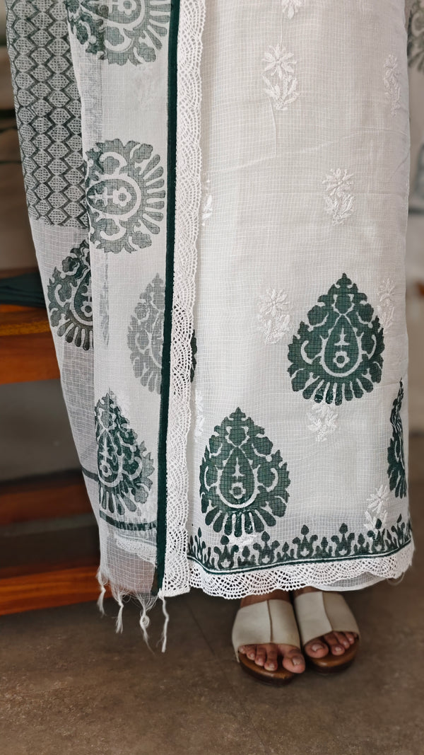 White and green net kota chikankari suit