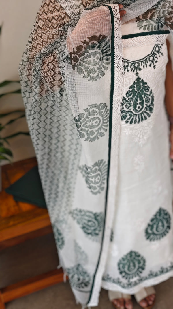 White and green net kota chikankari suit