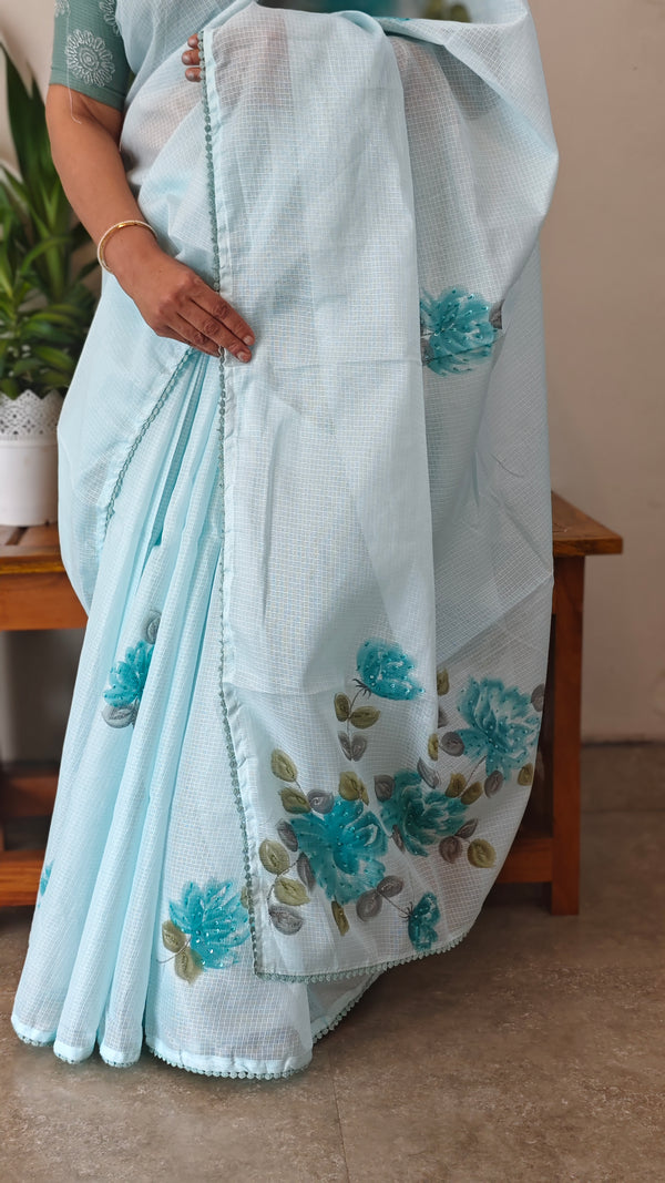 Aqua blue painted silky kota saree - VL72
