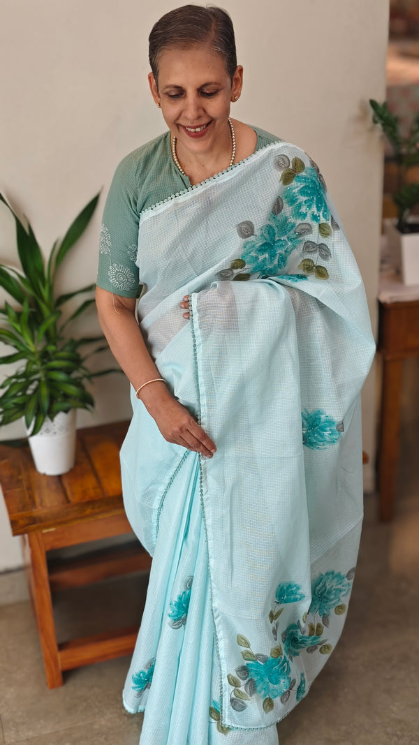 Aqua blue painted silky kota saree - VL72