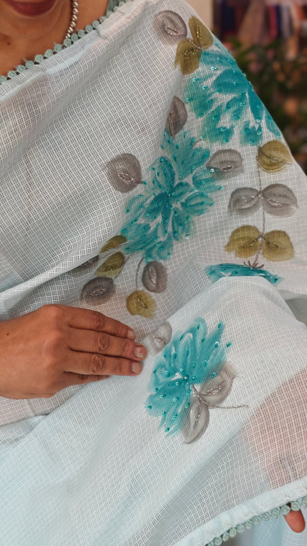 Aqua blue painted silky kota saree - VL72