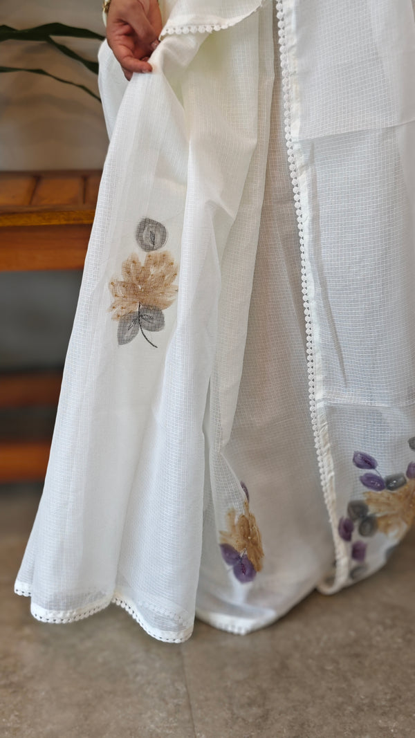 Milky white painted silky kota saree - VL72