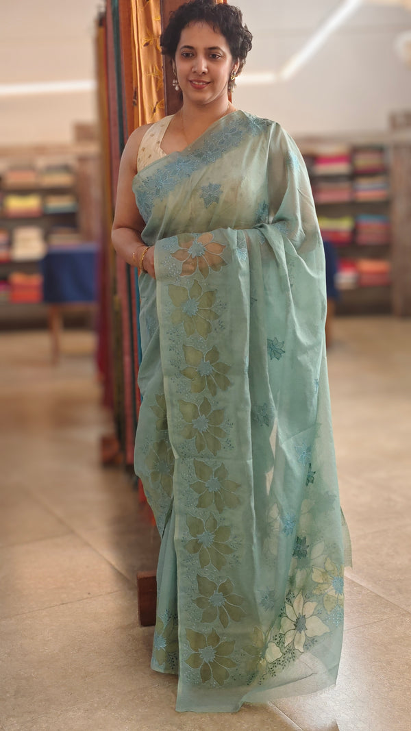 Teal mal chanderi applique saree