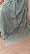 Teal mal chanderi applique saree