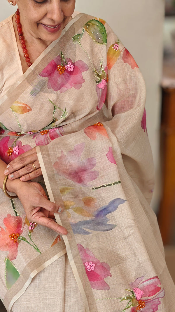 Beige tissue linen saree - W492