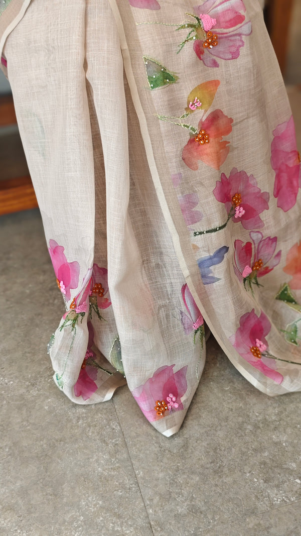 Beige tissue linen saree - W492