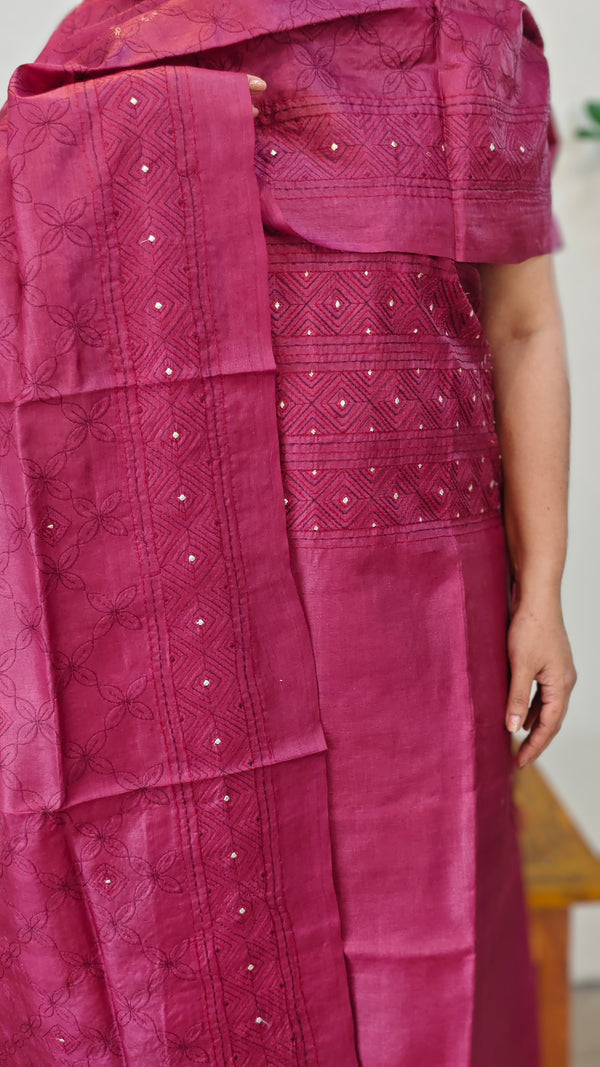 Dark pink embroidered tussar silk suit