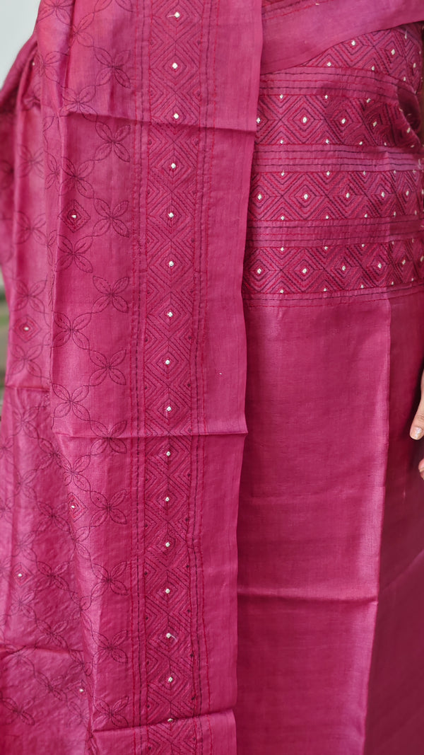 Dark pink embroidered tussar silk suit