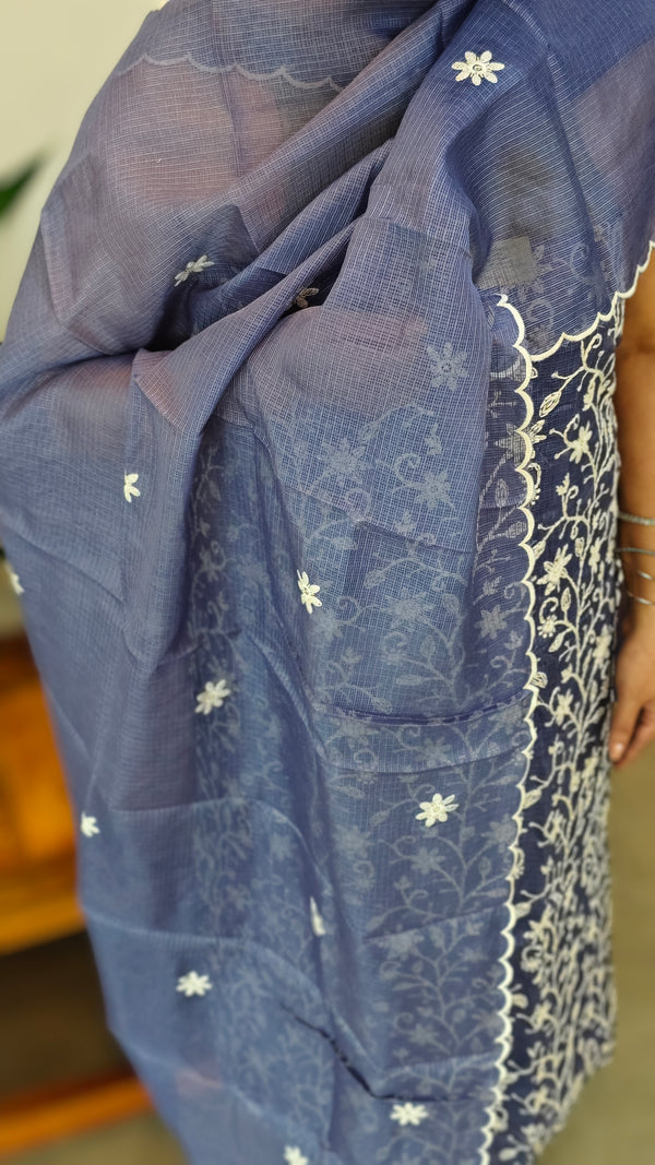 Blue embroidered net kota suit