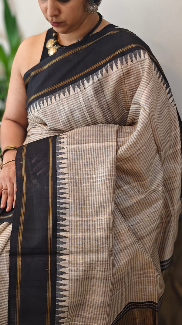 Beige and Black handloom desi tussar silk saree - A139