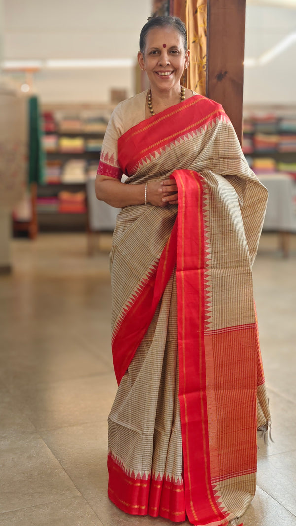 Beige and Red handoom desi tussar silk saree - A139