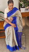 Beige and Blue handloom desi tussar silk saree - A139
