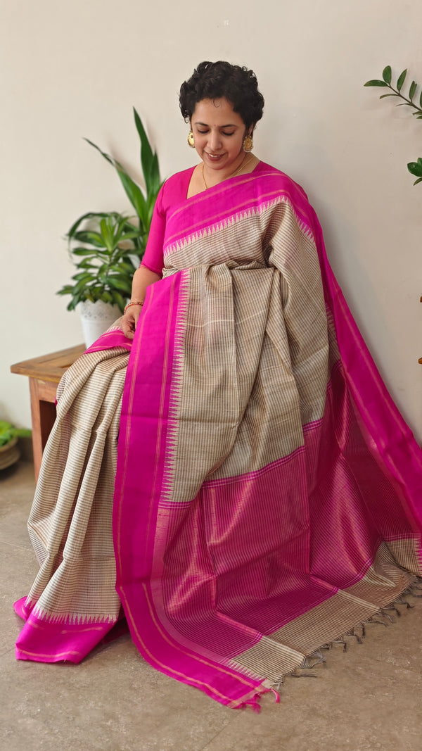 Beige and Magenta handloom desi tussar silk saree - A139