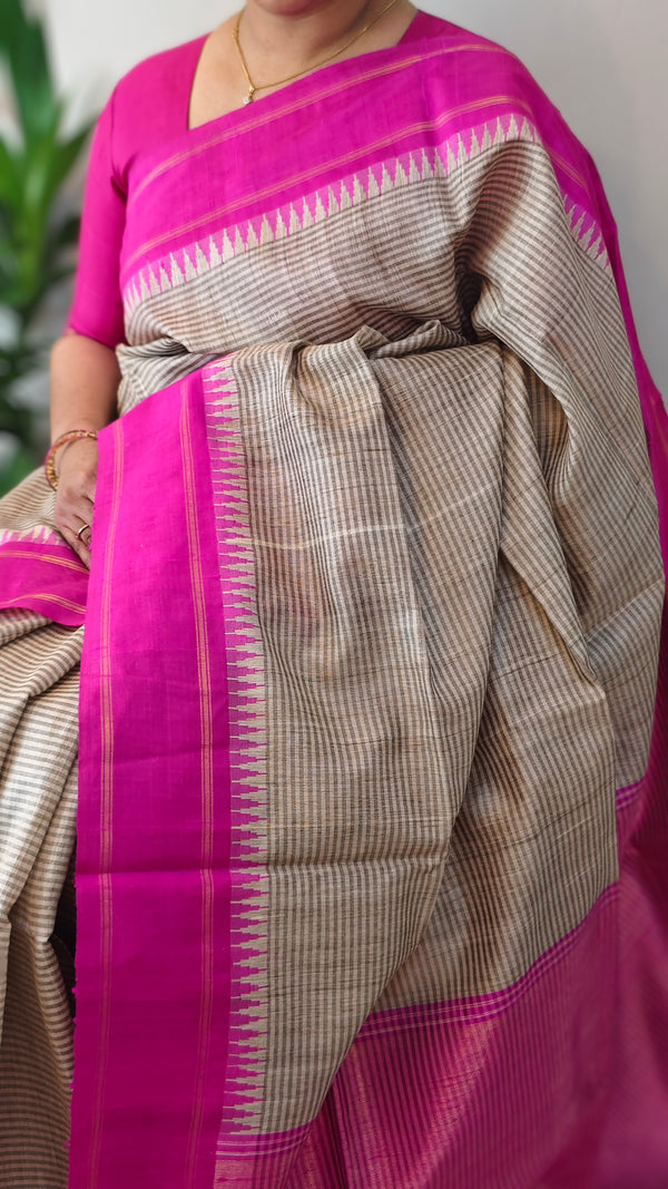Beige and Magenta handloom desi tussar silk saree - A139