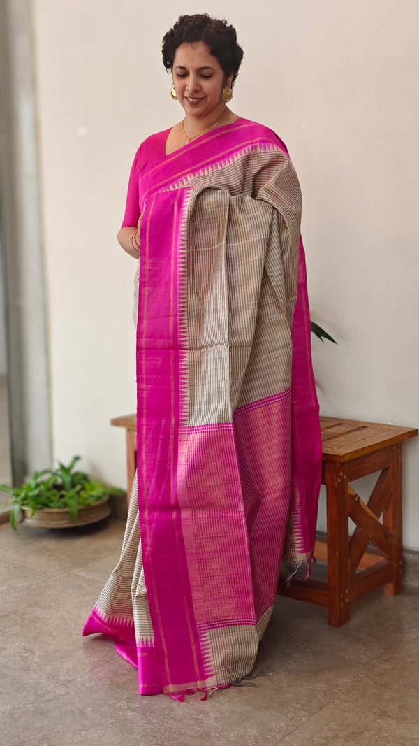 Beige and Magenta handloom desi tussar silk saree - A139