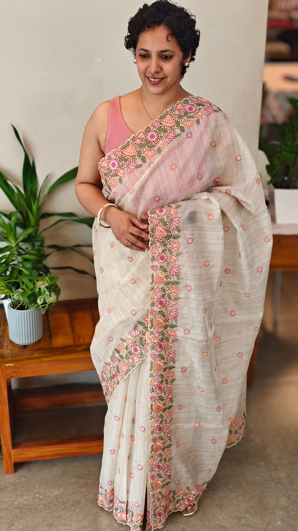 Light beige kota saree with cutwork - A