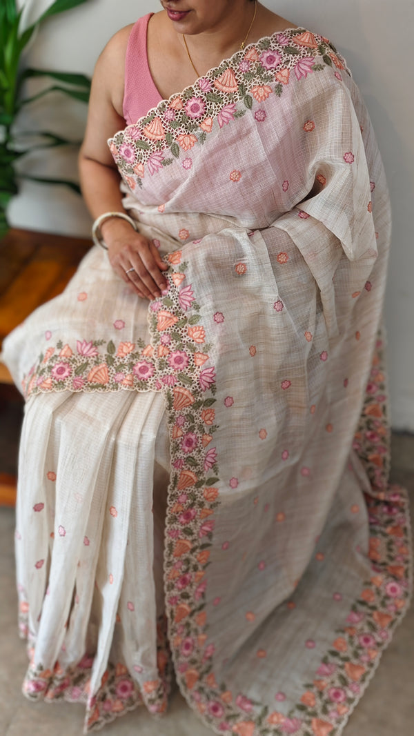 Light beige kota saree with cutwork - A