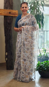Floral printed light ash blended linen saree