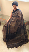 Black and beige blended linen saree